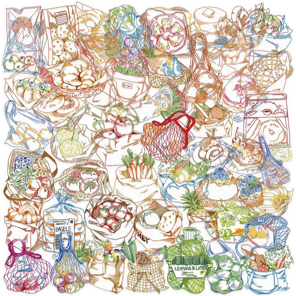 Food Snacks Drawing - 50枚入り カラーライン画フードPET防水ステッカー、ミニマリスト漫画スナックグラフィック カスタムデコレーション用 Giajarステッカーストア